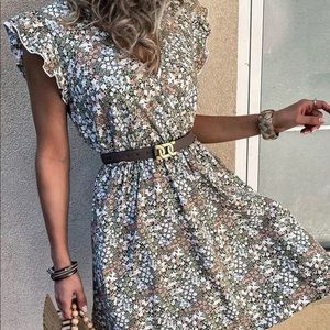 Floral Ruffle Trim Plunging Neck Dress